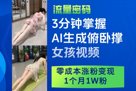 3分钟掌握AI生成俯卧撑女孩视频，零成本涨粉变现，1个月1W粉-知库