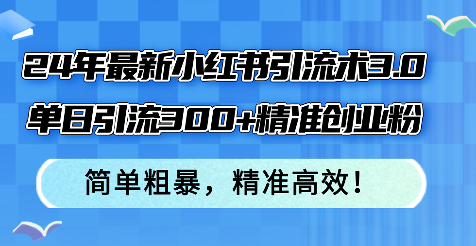 24年最新小红书引流术3.0，单日引流300+精准创业粉，简单粗暴，精准高效！-知库