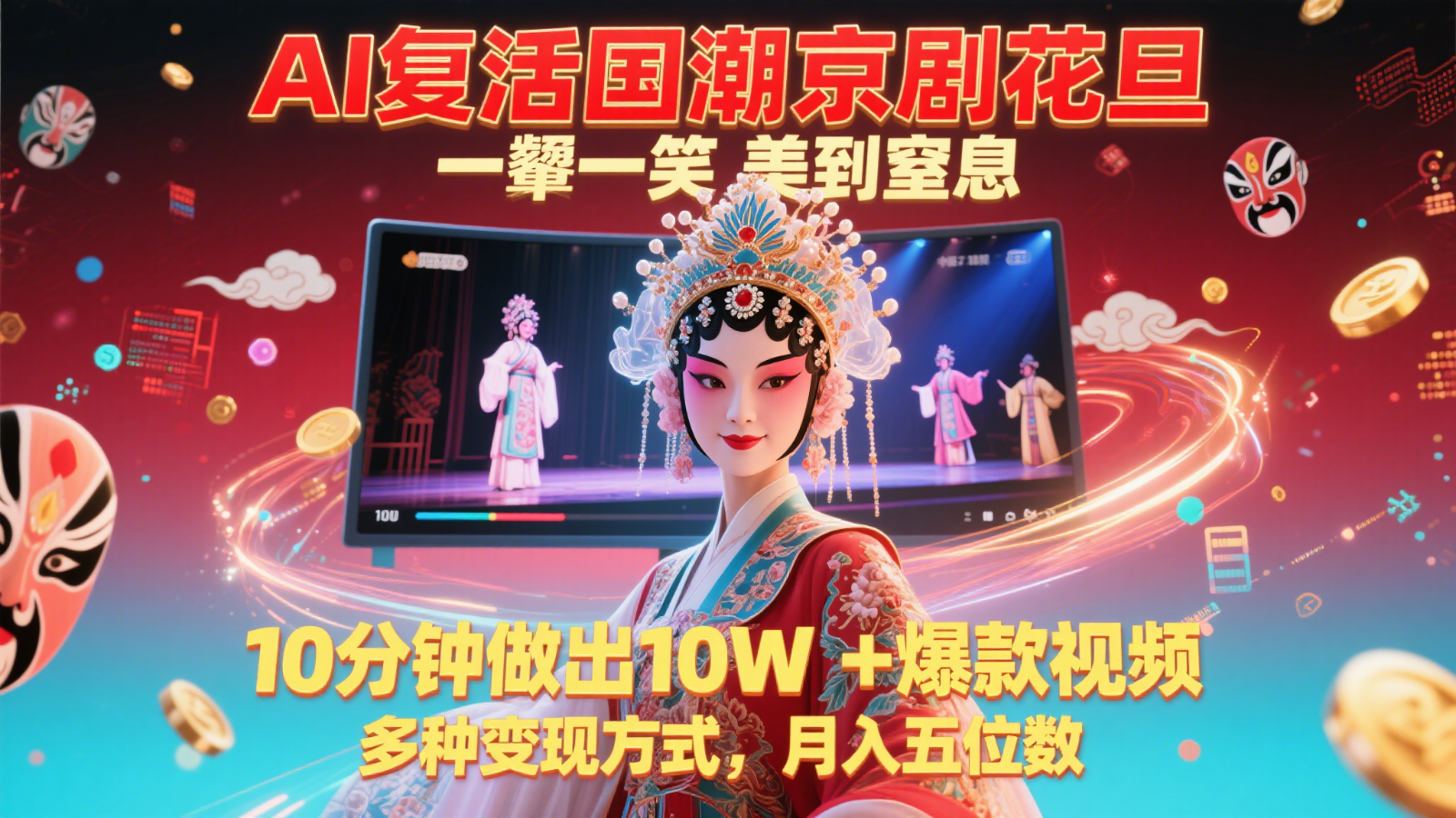 AI复活国潮京剧花旦，一颦一笑美到窒息，10分钟做出10W+爆款视频，多种变现方式-知库