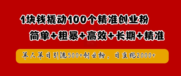 1块钱撬动100个精准创业粉，简单粗暴高效长期精准，单人单日引流500+创业粉，日变现2k【揭秘】-知库