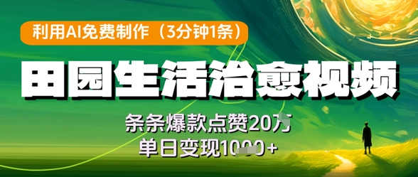 利用AI免费制作田园生活治愈视频，条条爆款点赞20W，单日变现几张-知库
