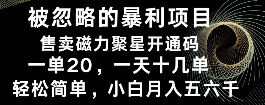 被忽略的暴利项目！售卖磁力聚星开通码，一单20，一天十几单，轻松月入五六千-知库