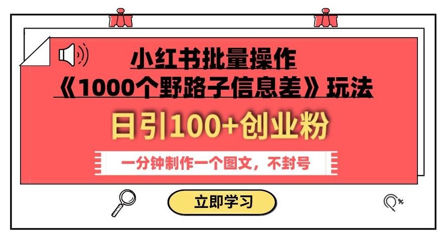 小红书批量操作《1000个野路子信息差》玩法，一分钟制作一个图文，不封号，日引100+创业粉-知库