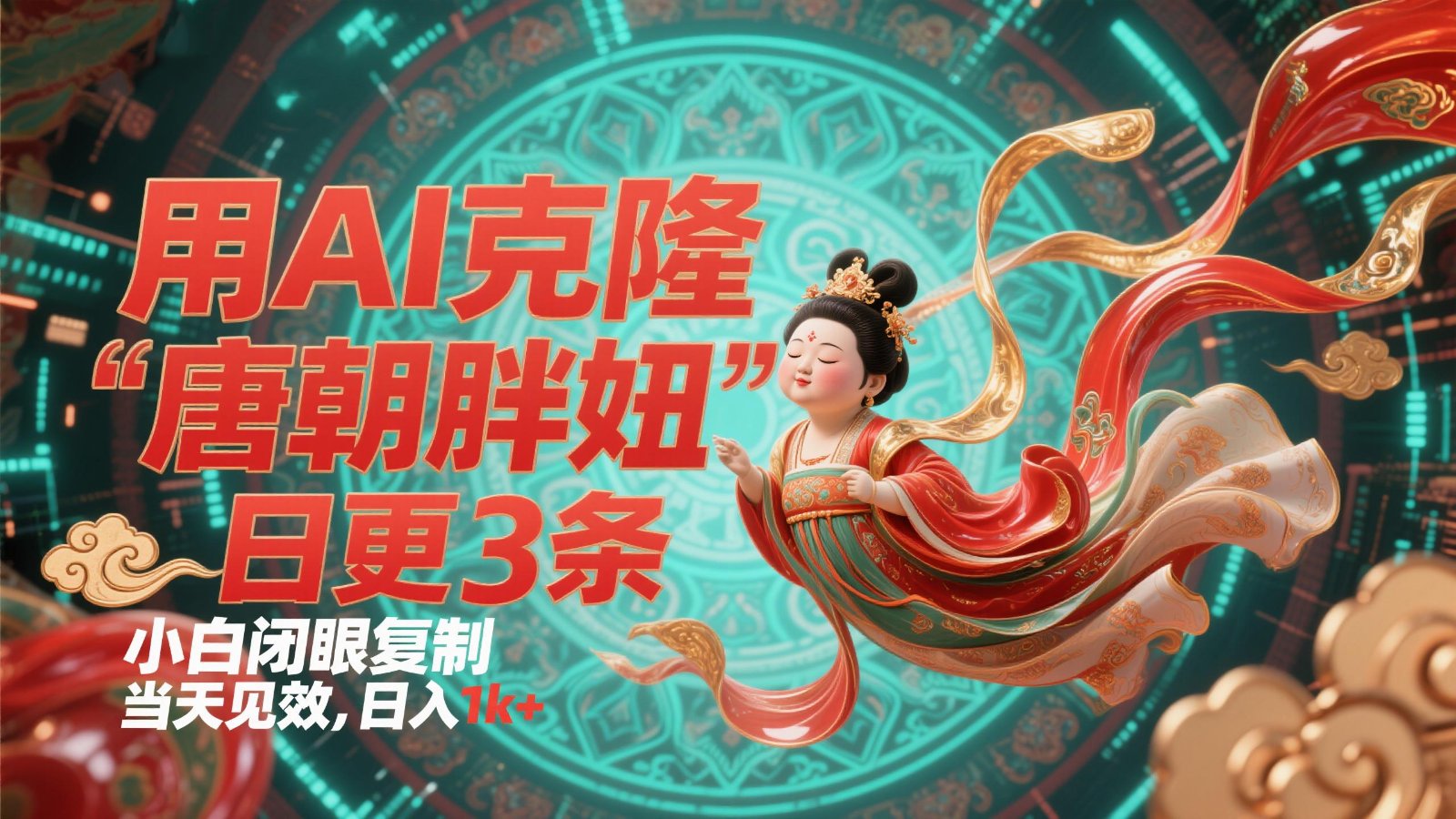 用AI克隆“唐朝胖妞”日更3条，平台疯狂推流，小白闭眼复制，当天见效，日入1k+-知库