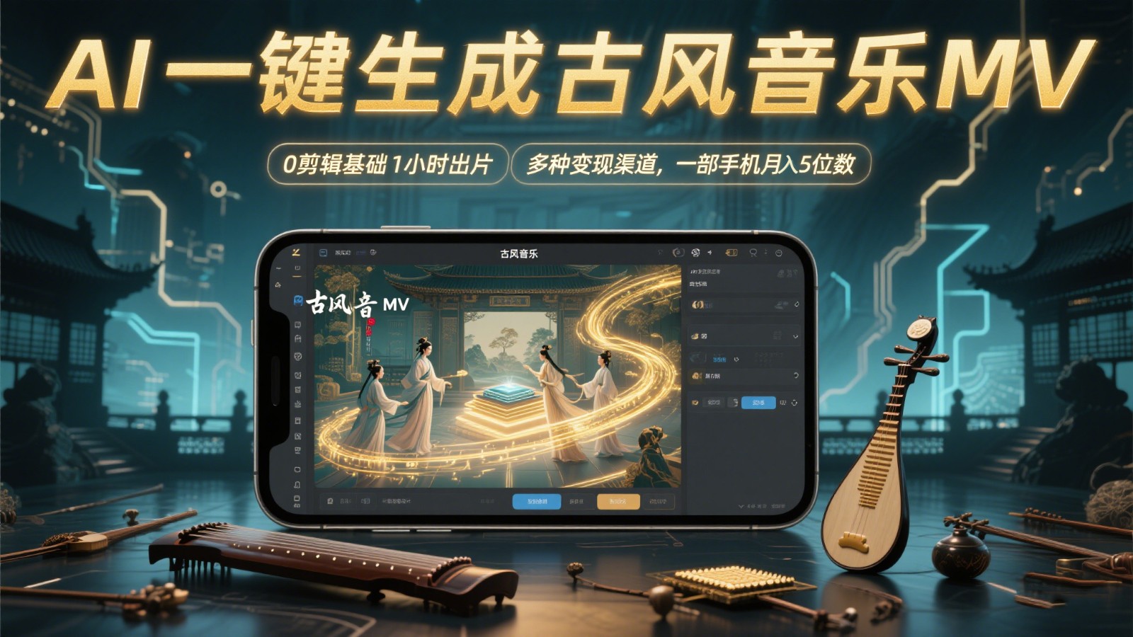AI一键生成古风音乐MV，0剪辑基础1小时出片，多种变现渠道，一部手机月入5位数-知库