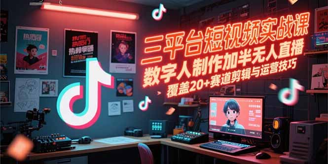 三平台短视频实战课，数字人制作加半无人直播，覆盖20+赛道剪辑与运营技巧-知库