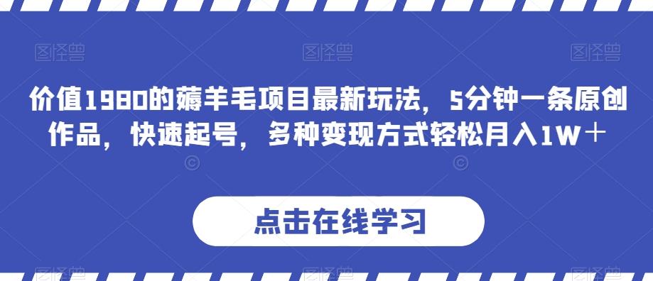 价值1980的薅羊毛项目最新玩法，5分钟一条原创作品，快速起号，多种变现方式轻松月入1W＋【揭秘】-知库