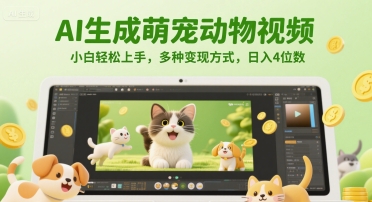 AI生成萌宠动物视频，小白轻松上手，多种变现方式，日入4位数-知库