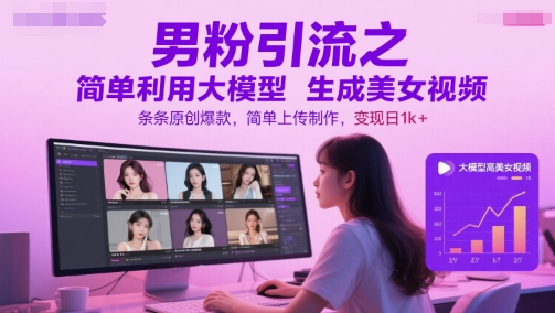 男粉引流之简单利用大模型生成美女视频，条条原创爆款，简单上传制作，变现日1k+-知库