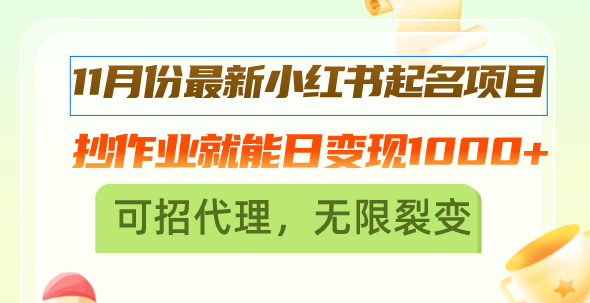 11月份最新小红书起名项目，抄作业就能日变现1000+，可招代理，无限裂变-知库