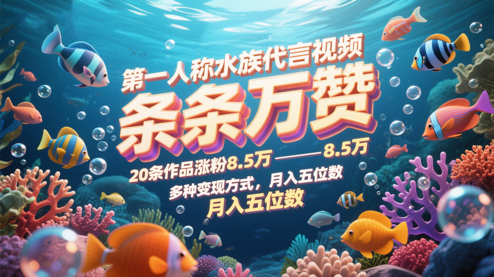 第一人称水族代言视频，条条万赞，20条作品涨粉8.5万，多种变现方式月，入五位数-知库