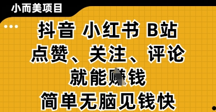 小而美的项目，抖音小红书B站视频点赞、关注、评论就能挣钱，简单无脑立见收益，妥妥的零撸项目【揭秘】-知库