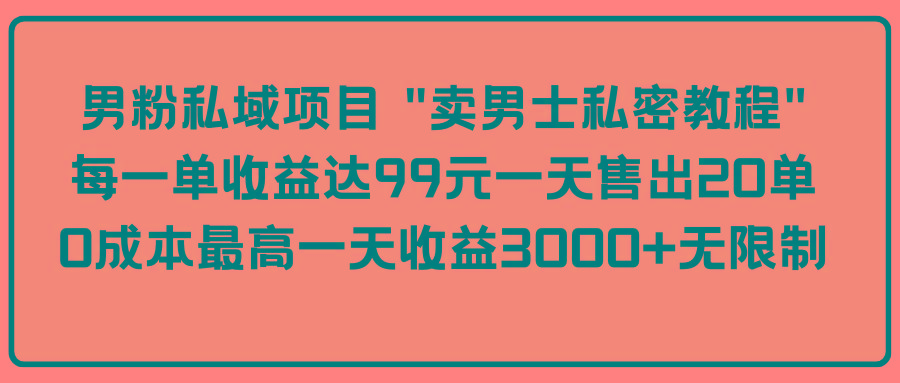 (9730期)男粉私域项目 “卖男士私密教程” 每一单收益达99元一天售出20单-知库